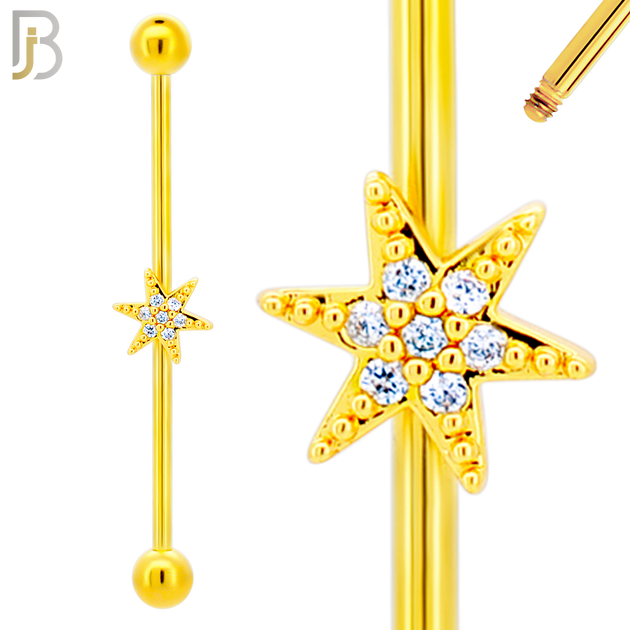 BB31 - 316L Surgical Steel Screw Bar with Brass Star with  CZ Design Barbell Industrial (PACK OF 4) image 2
