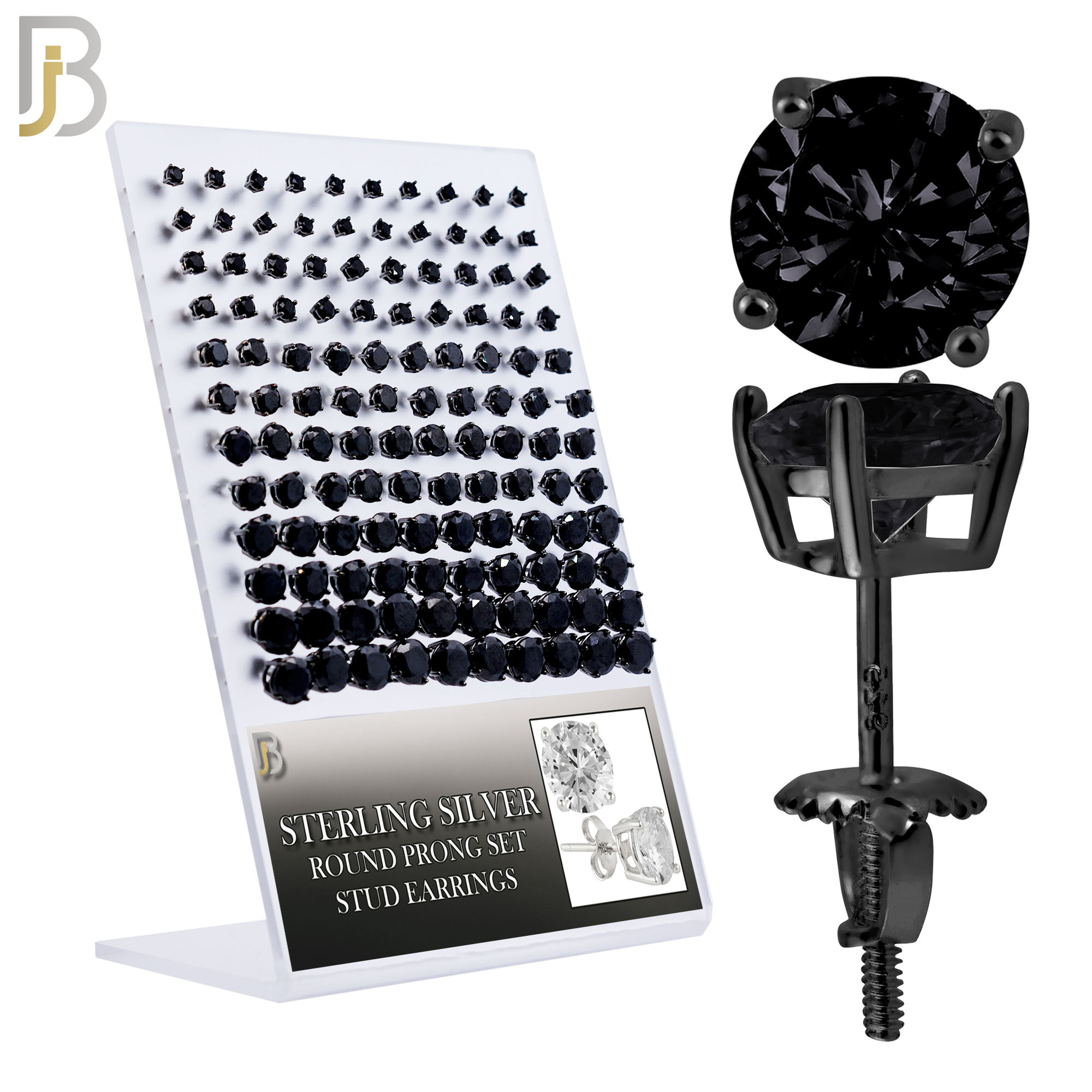 925-PK-ES79-KK - 925 Sterling Silver Black Plated Screw Back Earring Stud Casting Round Prong Setting Black Zircon Pack of 60 image 0