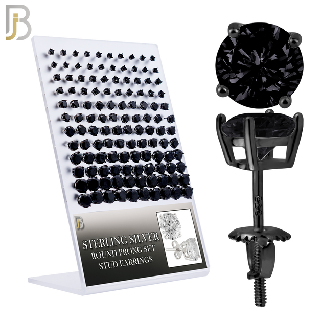 925-PK-ES79-KK - 925 Sterling Silver Black Plated Screw Back Earring Stud Casting Round Prong Setting Black Zircon Pack of 60 image 0