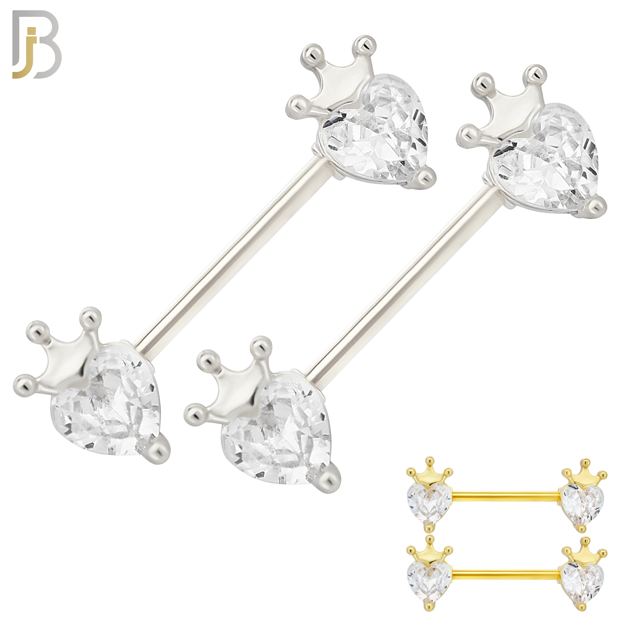 NP44 - 316L Surgical Steel Heart Shaped CZ with Crown Nipple Ring Piercing Pair image 0