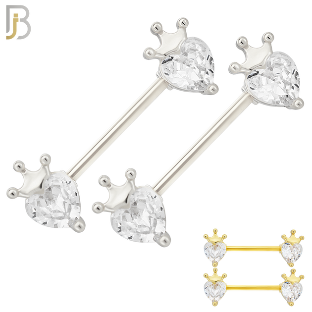 NP44 - 316L Surgical Steel Heart Shaped CZ with Crown Nipple Ring Piercing Pair image 0