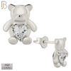 925-ES371 - Push Back - .925 Sterling Silver Bear with Heart Shaped CZ Stud Earrings image 1