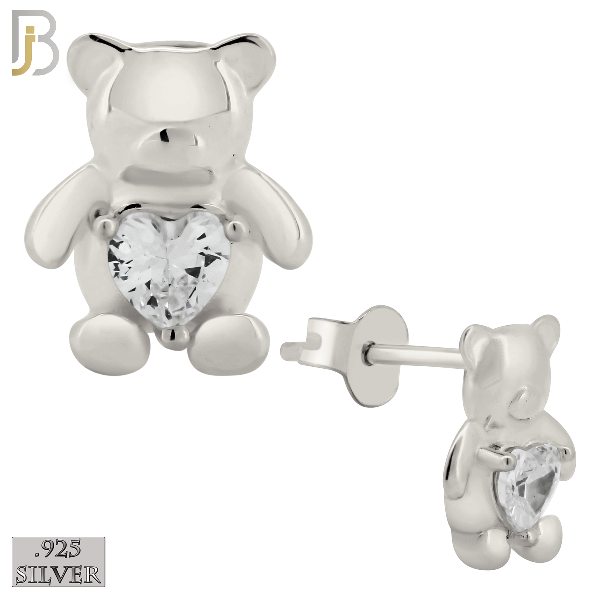 925-ES371 - Push Back - .925 Sterling Silver Bear with Heart Shaped CZ Stud Earrings image 1