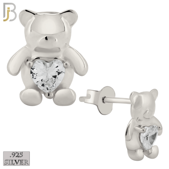 925-ES371 - Push Back - .925 Sterling Silver Bear with Heart Shaped CZ Stud Earrings image 1