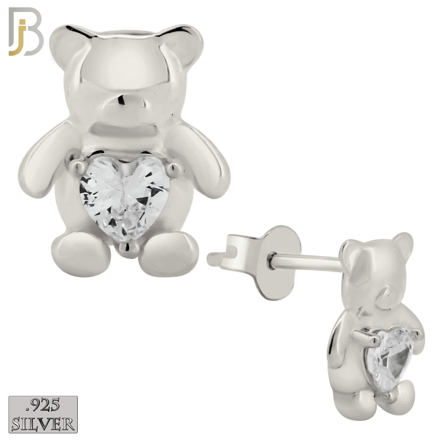 925-ES371 - Push Back - .925 Sterling Silver Bear with Heart Shaped CZ Stud Earrings image 1