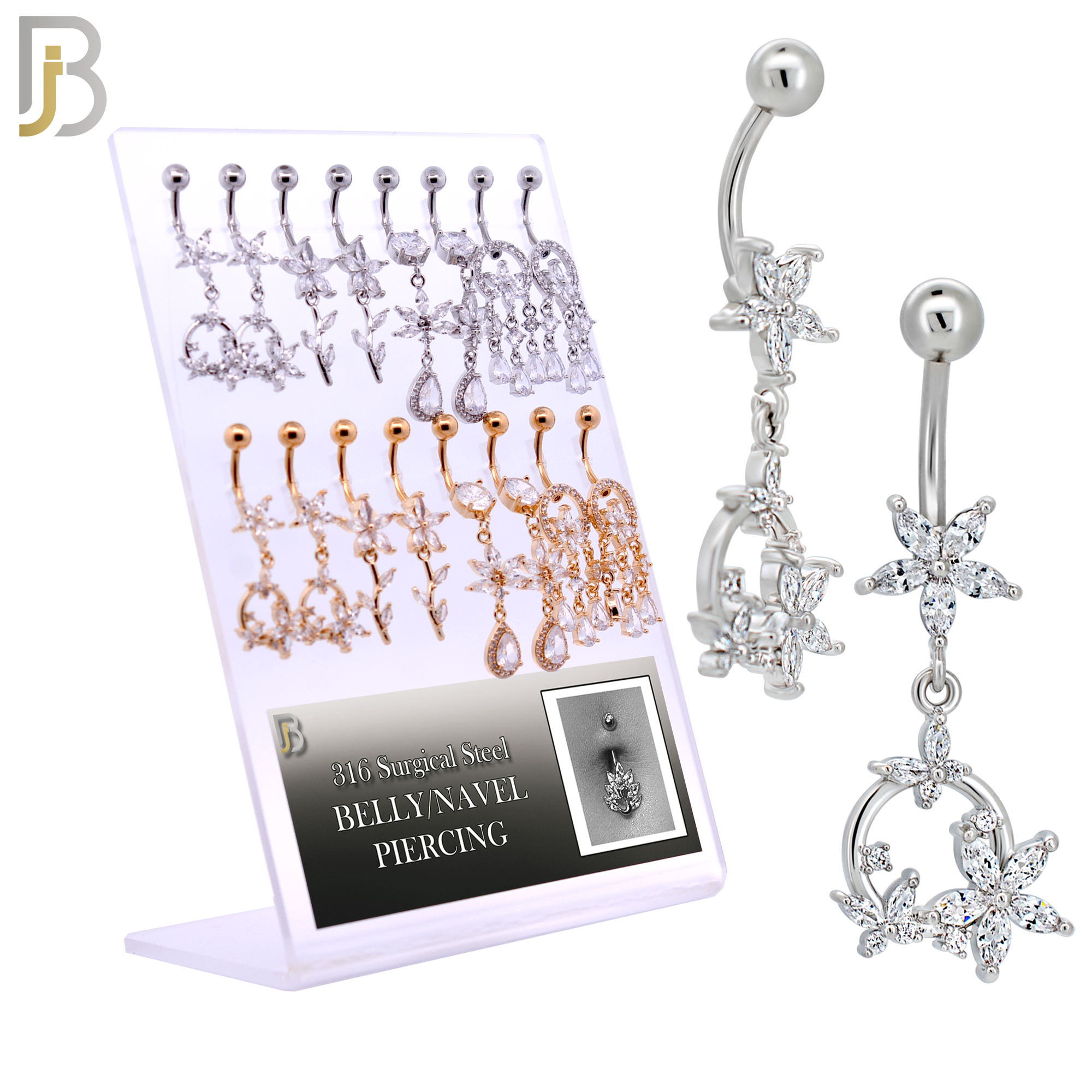PK-N011 - 316L Surgical Steel Four Different Designs Dangle Belly Rings - Pack of 16 Pieces image 0