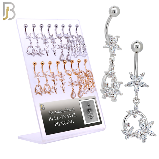 PK-N011 - 316L Surgical Steel Four Different Designs Dangle Belly Rings - Pack of 16 Pieces image 0