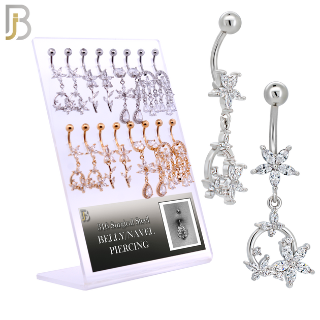 PK-N011 - 316L Surgical Steel Four Different Designs Dangle Belly Rings - Pack of 16 Pieces image 0