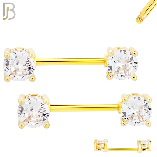NP02G - 316L Surgical Steel Gold Plated Screw Prong Round Zircon Nipple Ring Piercing image 1