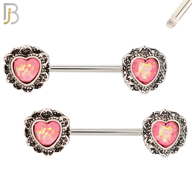 NP17 - 316L Surgical Steel Screw Heart Opal Nipple Ring Piercing image 1