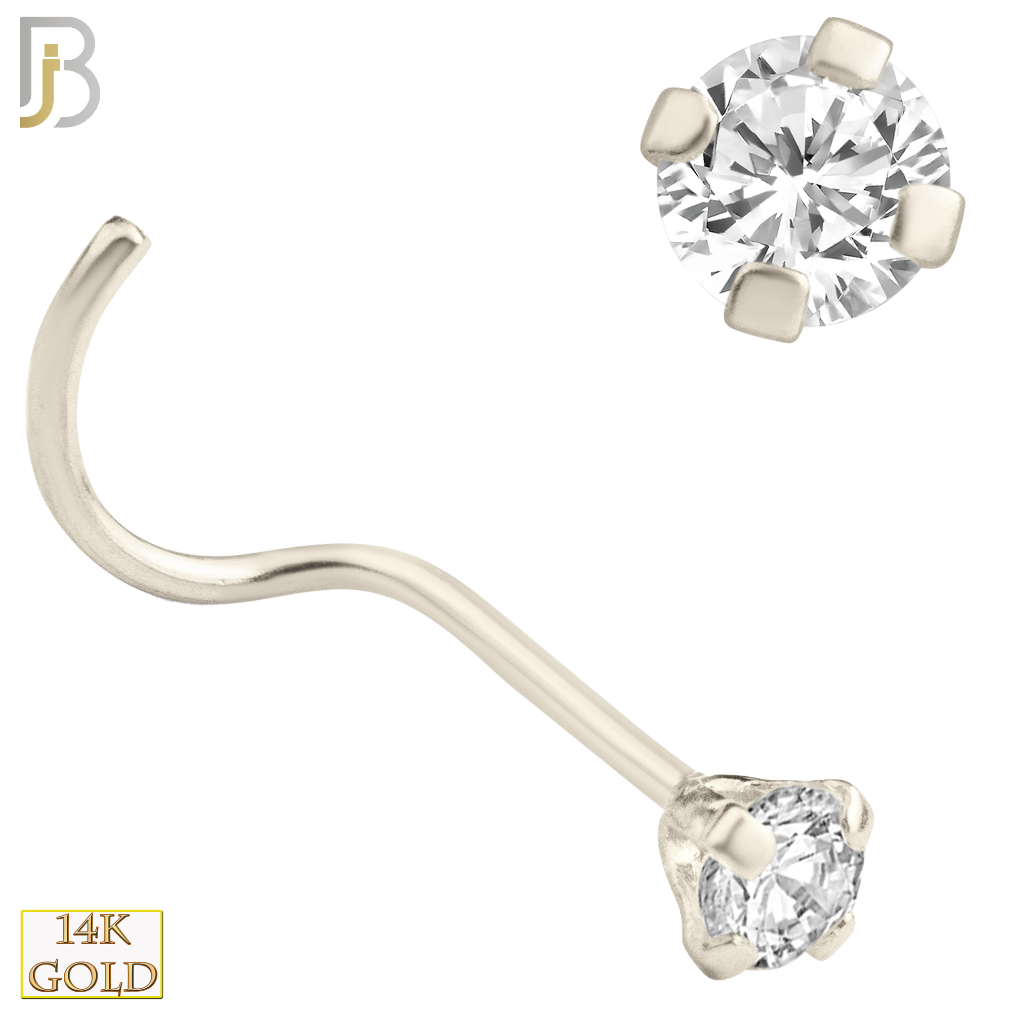 14-NR03CW-22 - 14k Solid White Gold 22g Prong Setting  Round Cubic Zircona Nose Screw, Cork Screw image 4