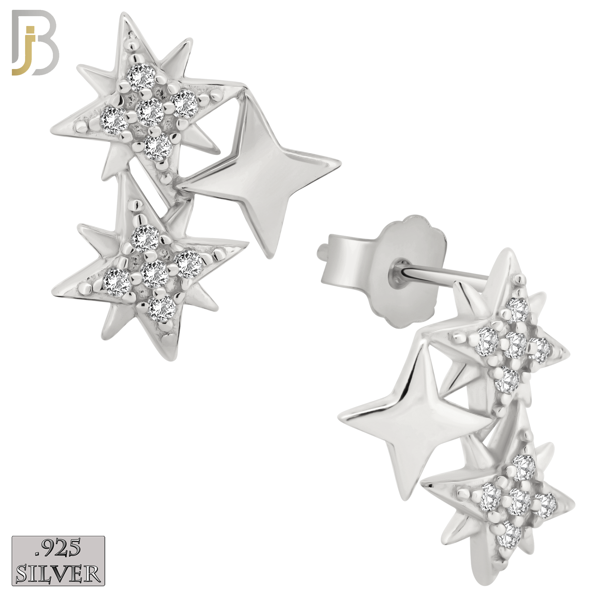 ES253 - .925 Sterling Silver Triple  Starburst with Zircon Design Earring Stud image 1