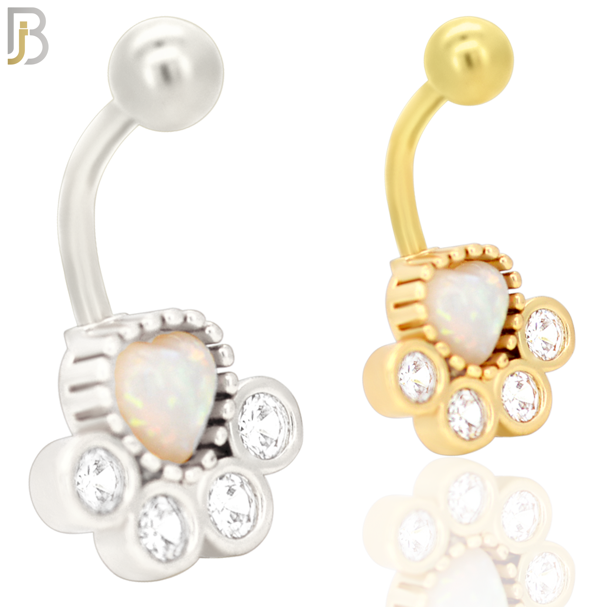 NB32 - 316L Stainless Steel Paw Print Opalite/Zircon Banana Belly Navel Ring image 0