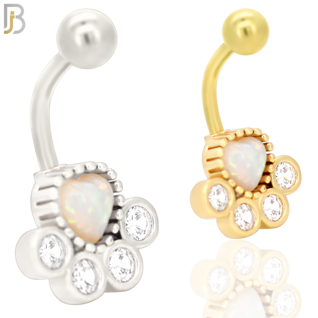 NB32 - 316L Stainless Steel Paw Print Opalite/Zircon Banana Belly Navel Ring image 0