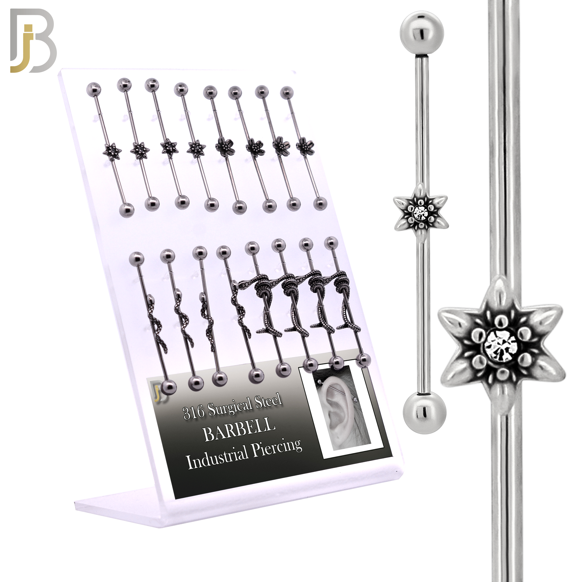 PK-BB58S - 316L Surgical Steel Screw Bar with Four Design Barbell Industrial  Pack of 16 pcs image 0