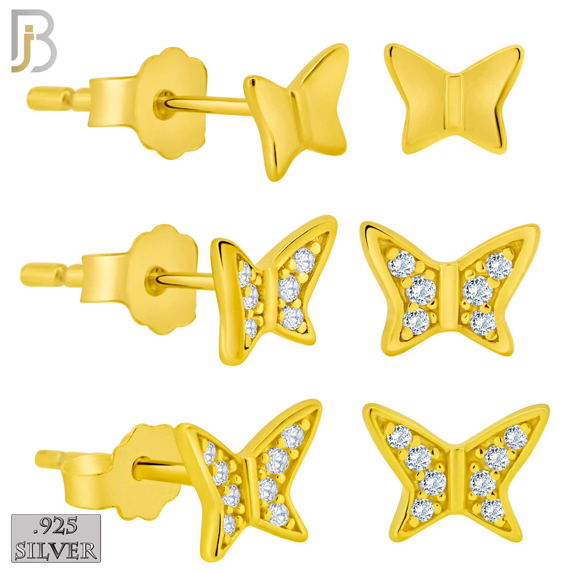 925-ES387 - .925 Sterling Silver Three Set Butterfly Stud Earrings (Two CZ Studded Butterfly and Plain Butterfly) image 1