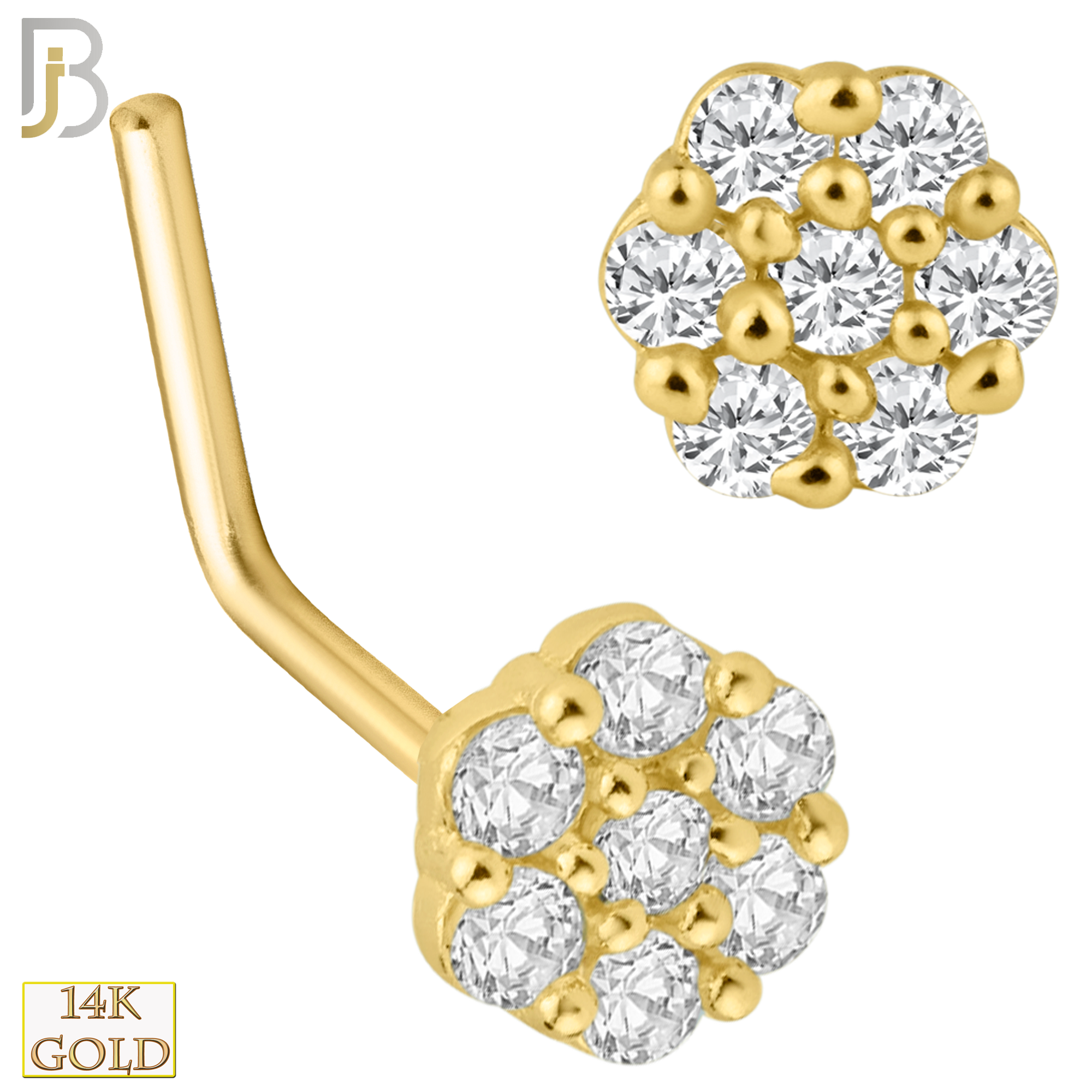 14-NR33L- 14K Solid Gold Round Shaped Flower Design with CZ L Shape Nose Ring image 0