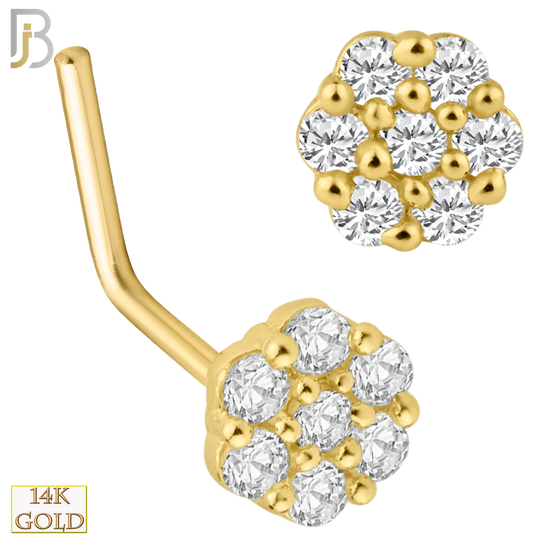 14-NR33L- 14K Solid Gold Round Shaped Flower Design with CZ L Shape Nose Ring image 0