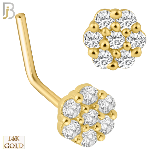 14-NR33L- 14K Solid Gold Round Shaped Flower Design with CZ L Shape Nose Ring image 0