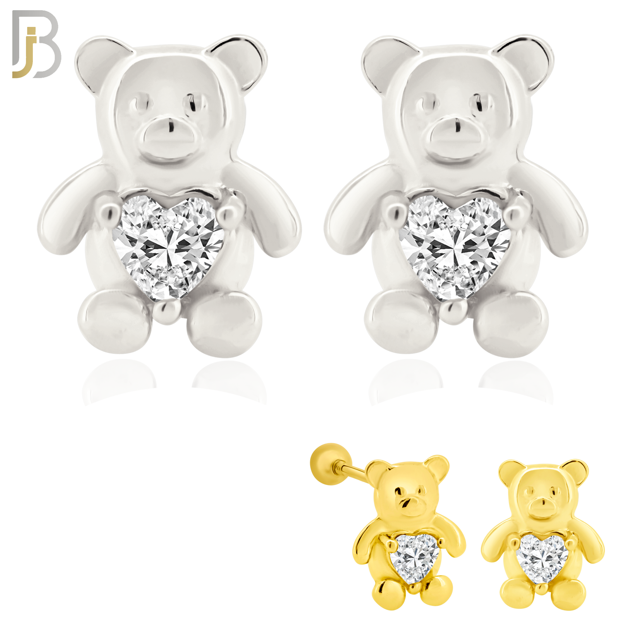 925-ES371 - Screw Ball Back - .925 Sterling Silver Bear with Heart Shaped CZ Stud Earrings image 0
