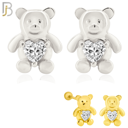925-ES371 - Screw Ball Back - .925 Sterling Silver Bear with Heart Shaped CZ Stud Earrings image 0