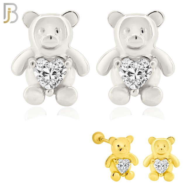 925-ES371 - Screw Ball Back - .925 Sterling Silver Bear with Heart Shaped CZ Stud Earrings image 0