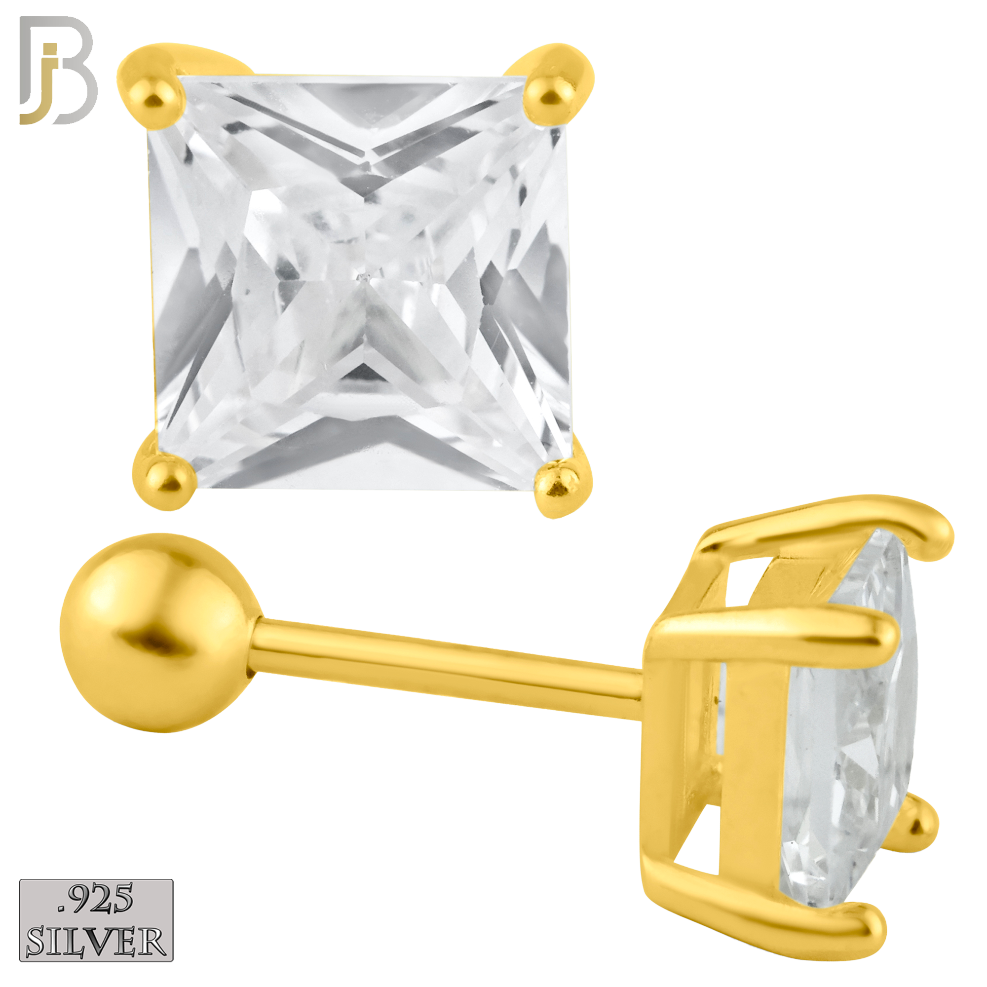 925-ES312-GC - 925 Sterling Silver Gold Plated Screw Ball Back Stud Earrings Casting Prong Setting with Square Clear Zircon image 0