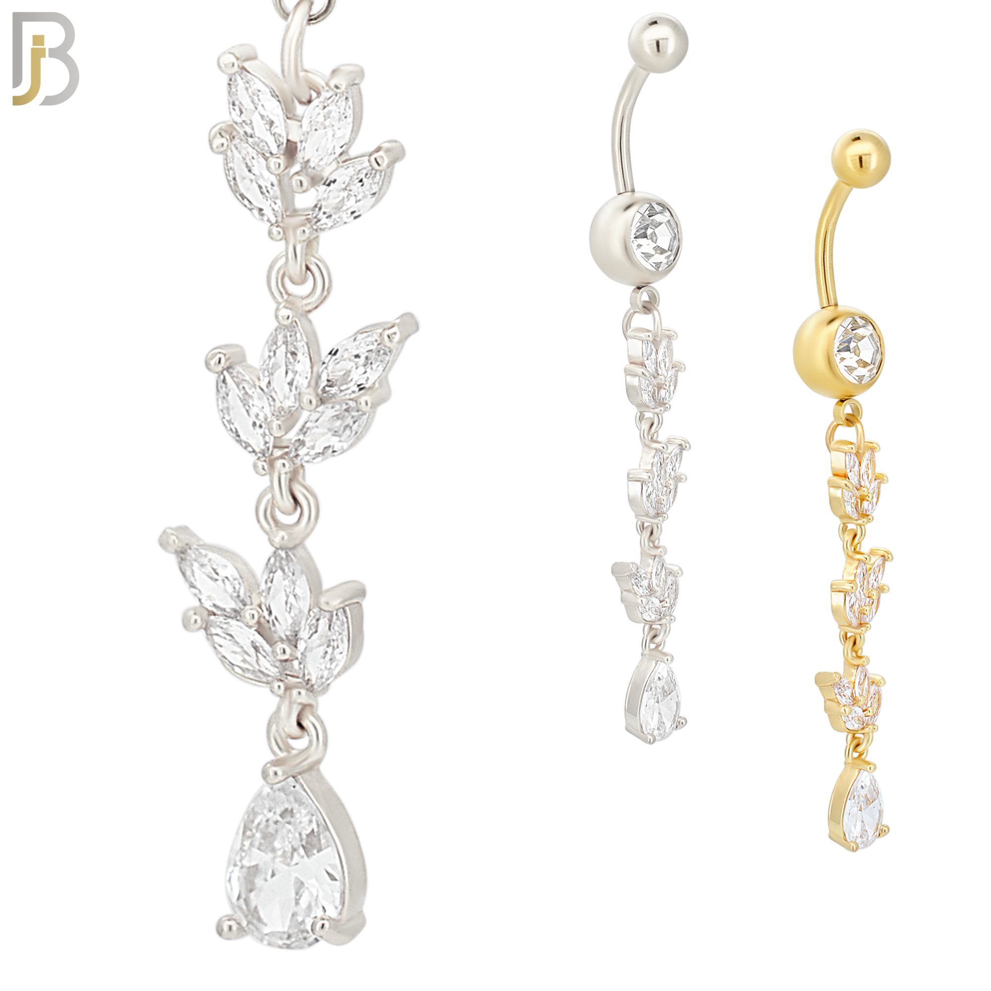 N059 - 316L Stainless Steel Dangling Leaves with Teardrop Design Belly Ring with 5mm Screw Ball Top image 0