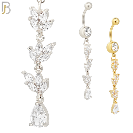 N059 - 316L Stainless Steel Dangling Leaves with Teardrop Design Belly Ring with 5mm Screw Ball Top image 0