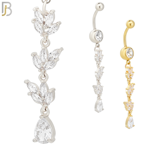 N059 - 316L Stainless Steel Dangling Leaves with Teardrop Design Belly Ring with 5mm Screw Ball Top image 0