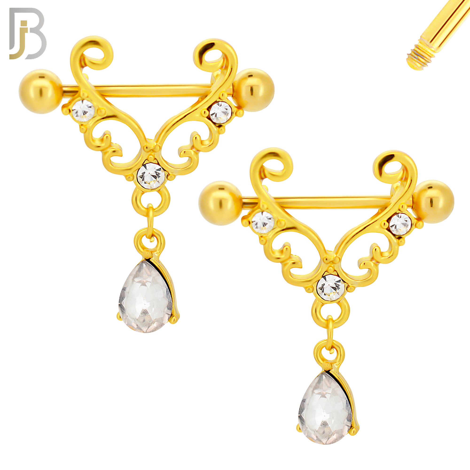 NP40 - 316L Surgical Steel Screw Shield Barbell with Alloy Tribal with Teardrop Dangling CZ Design Pair image 2