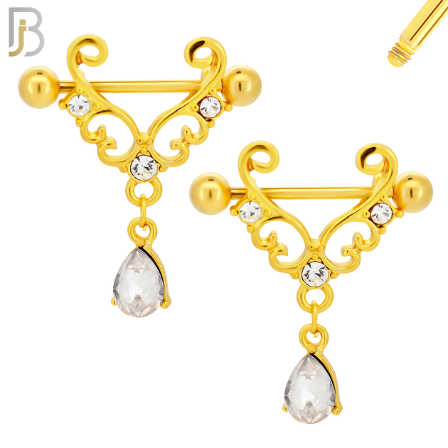 NP40 - 316L Surgical Steel Screw Shield Barbell with Alloy Tribal with Teardrop Dangling CZ Design Pair image 2