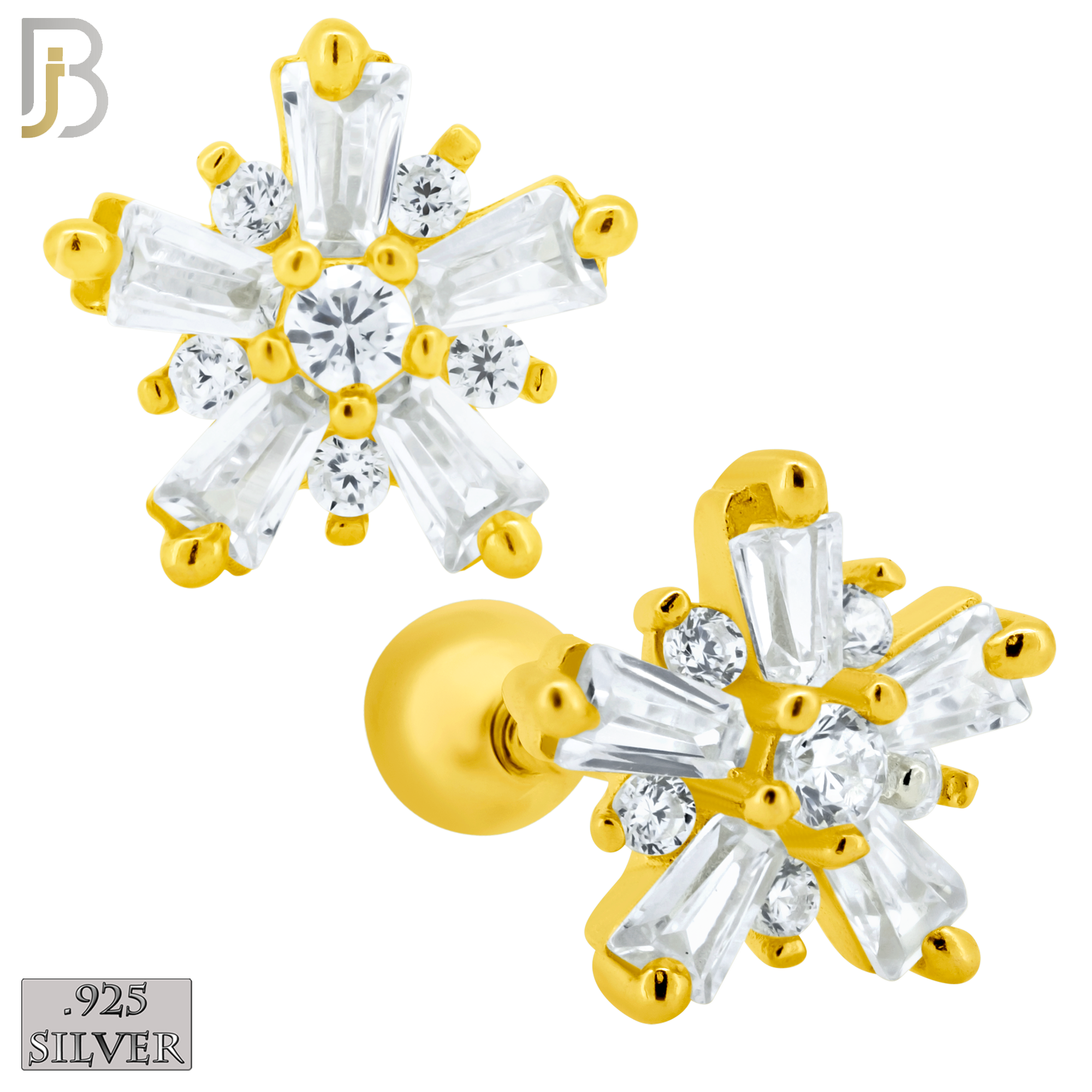 925-ES151 - Screw Ball Back - .925 Sterling Silver Starburst Design with Zircon Design Earring Stud image 2