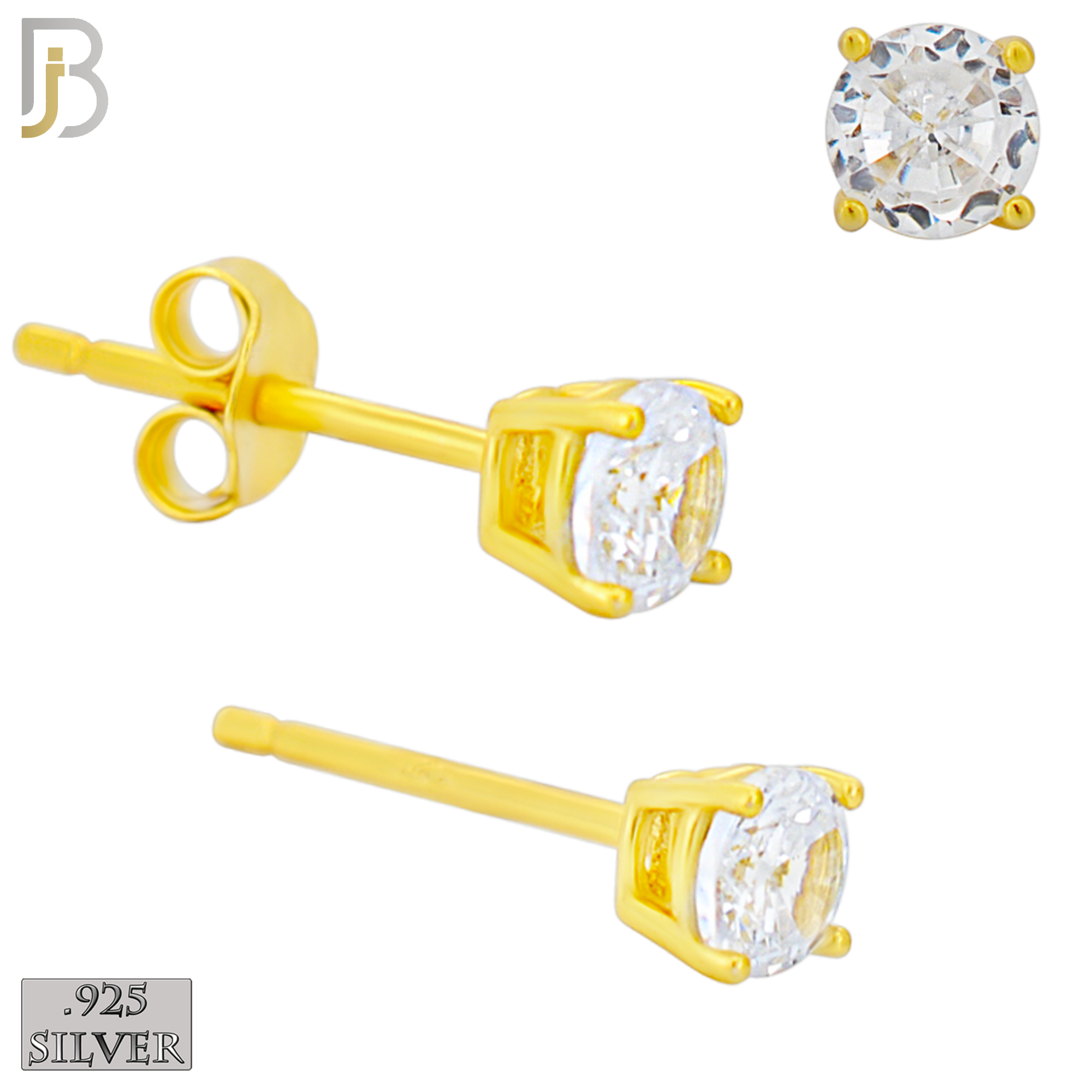 925-ES71-GC - .925 Sterling Silver Gold Plated Earring Stud Casting Round Prong Setting Clear Zircon image 3
