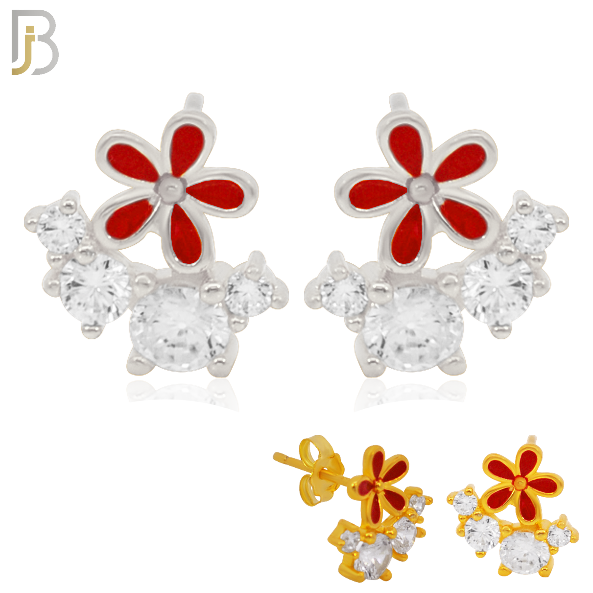 925-ES225 – .925 Sterling Silver Red Flower with Four Zircon Design Earring Stud image 0