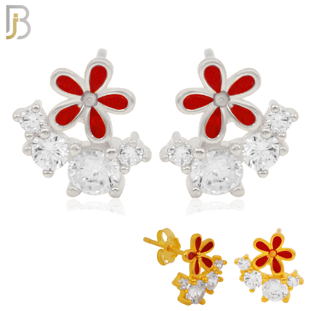 925-ES225 – .925 Sterling Silver Red Flower with Four Zircon Design Earring Stud image 0