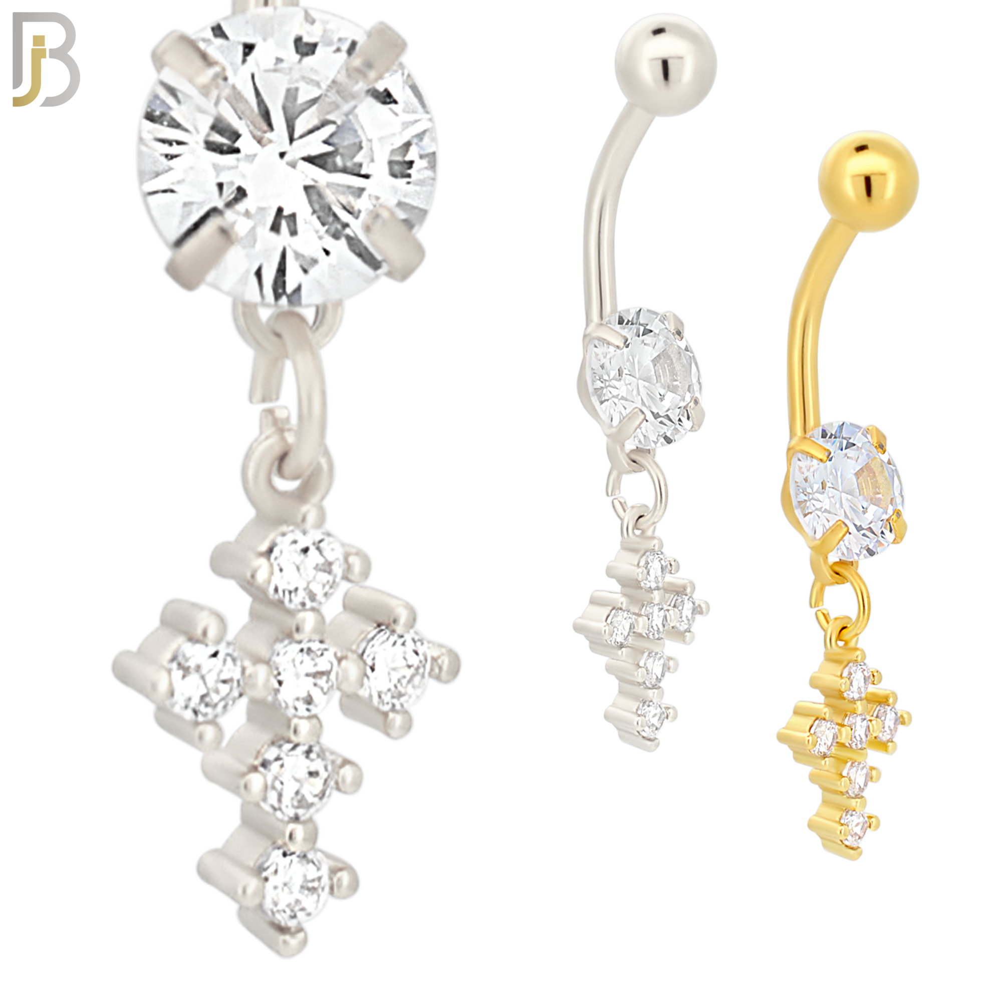 N042 - 316L Stainless Steel Dangling Prong Cross with Zircon Design Belly Ring with 5mm Screw Ball image 0
