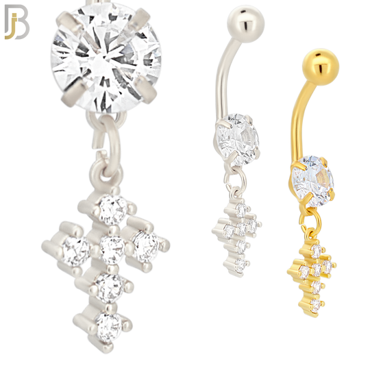 N042 - 316L Stainless Steel Dangling Prong Cross with Zircon Design Belly Ring with 5mm Screw Ball image 0