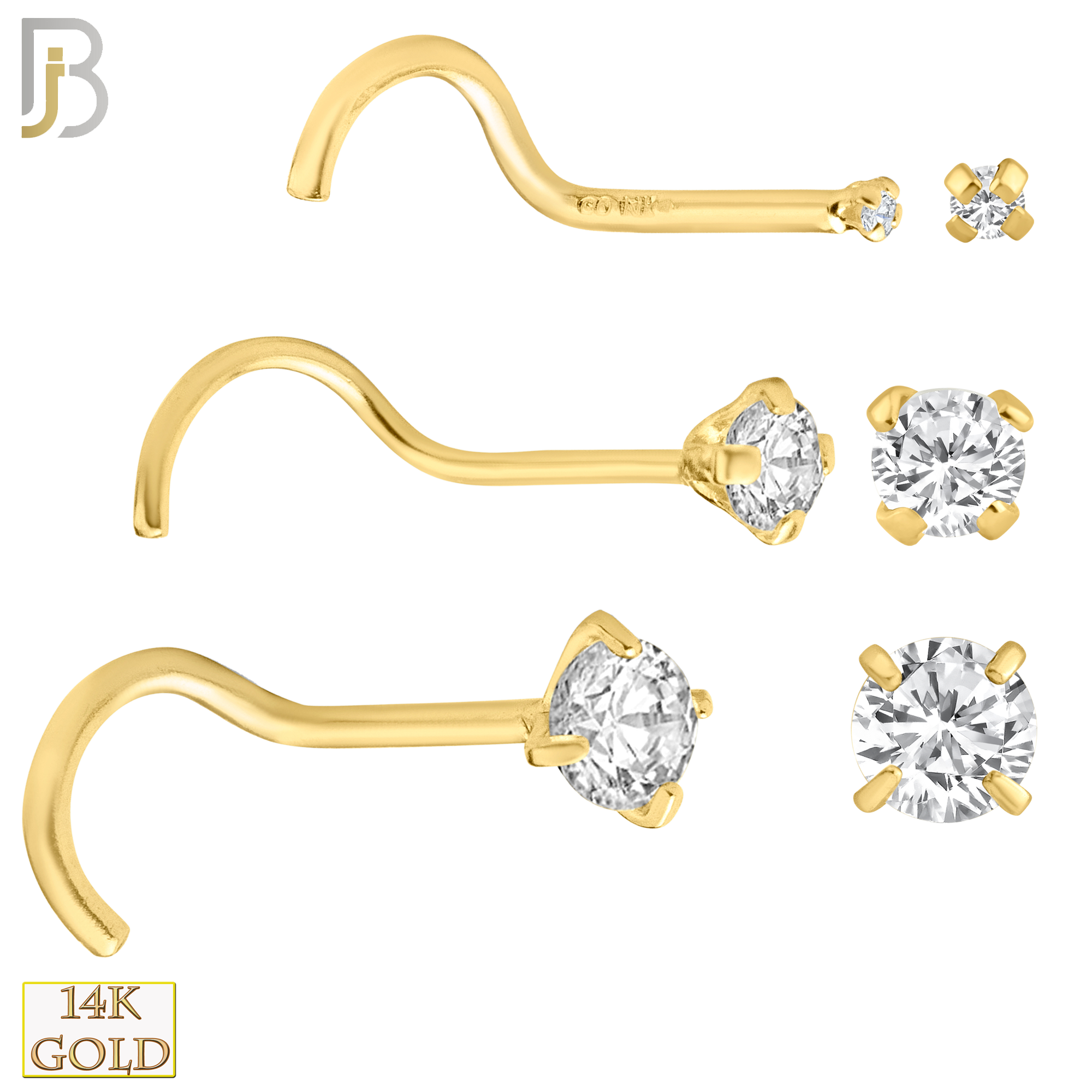 14-NR03CY-20 - 20g Thickness 14k Solid Yellow Gold Prong Setting  Round Cubic Zircona Nose Screw, Cork Screw image 0