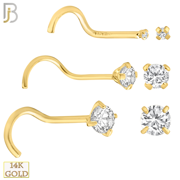 14-NR03CY-20 - 20g Thickness 14k Solid Yellow Gold Prong Setting  Round Cubic Zircona Nose Screw, Cork Screw image 0