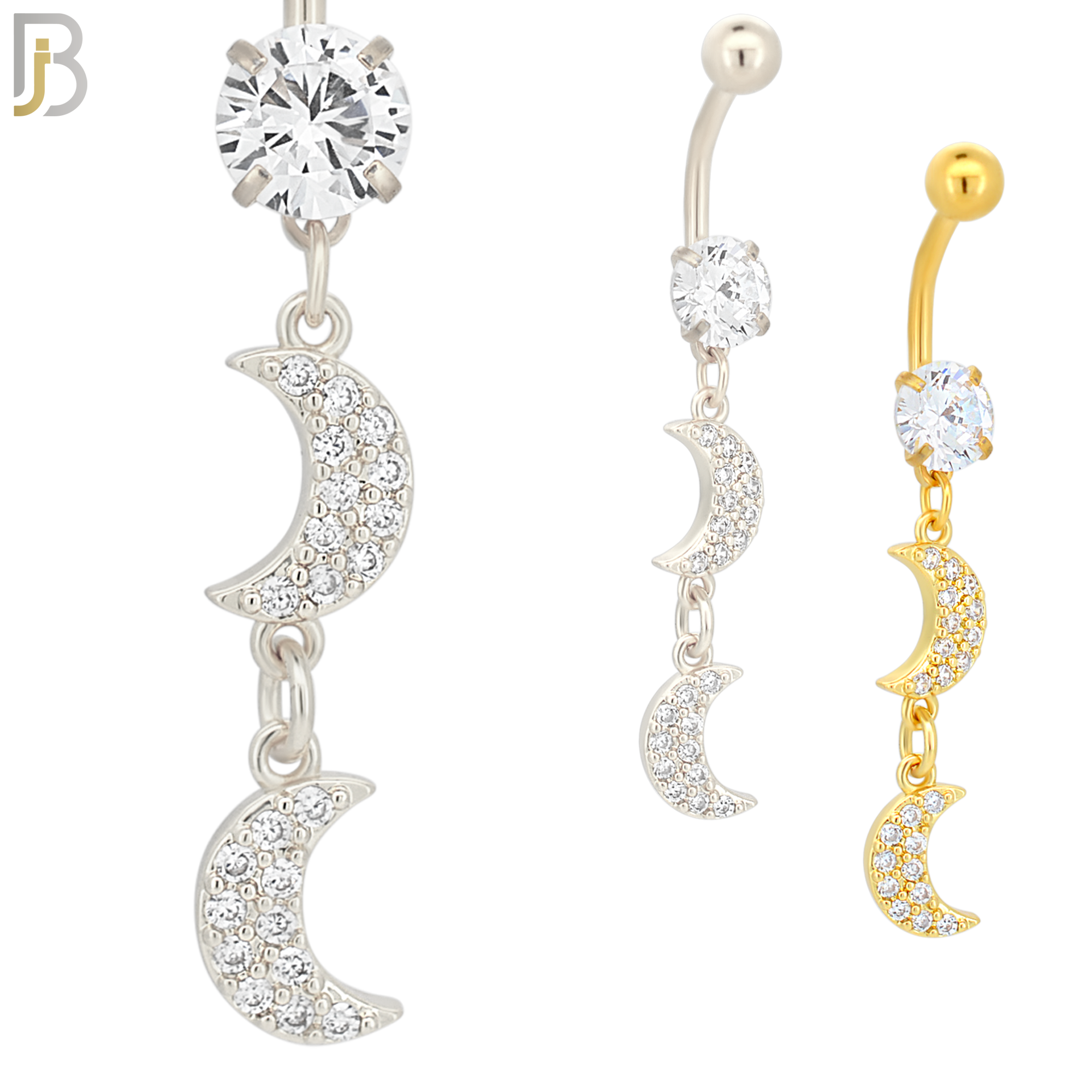N006 - 316L Stainless Steel Dangling Two Moons with Multi CZ  Belly Ring image 0