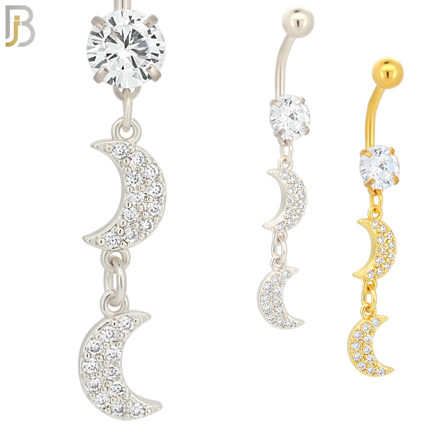 N006 - 316L Stainless Steel Dangling Two Moons with Multi CZ  Belly Ring image 0