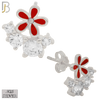 925-ES225 – .925 Sterling Silver Red Flower with Four Zircon Design Earring Stud image 1