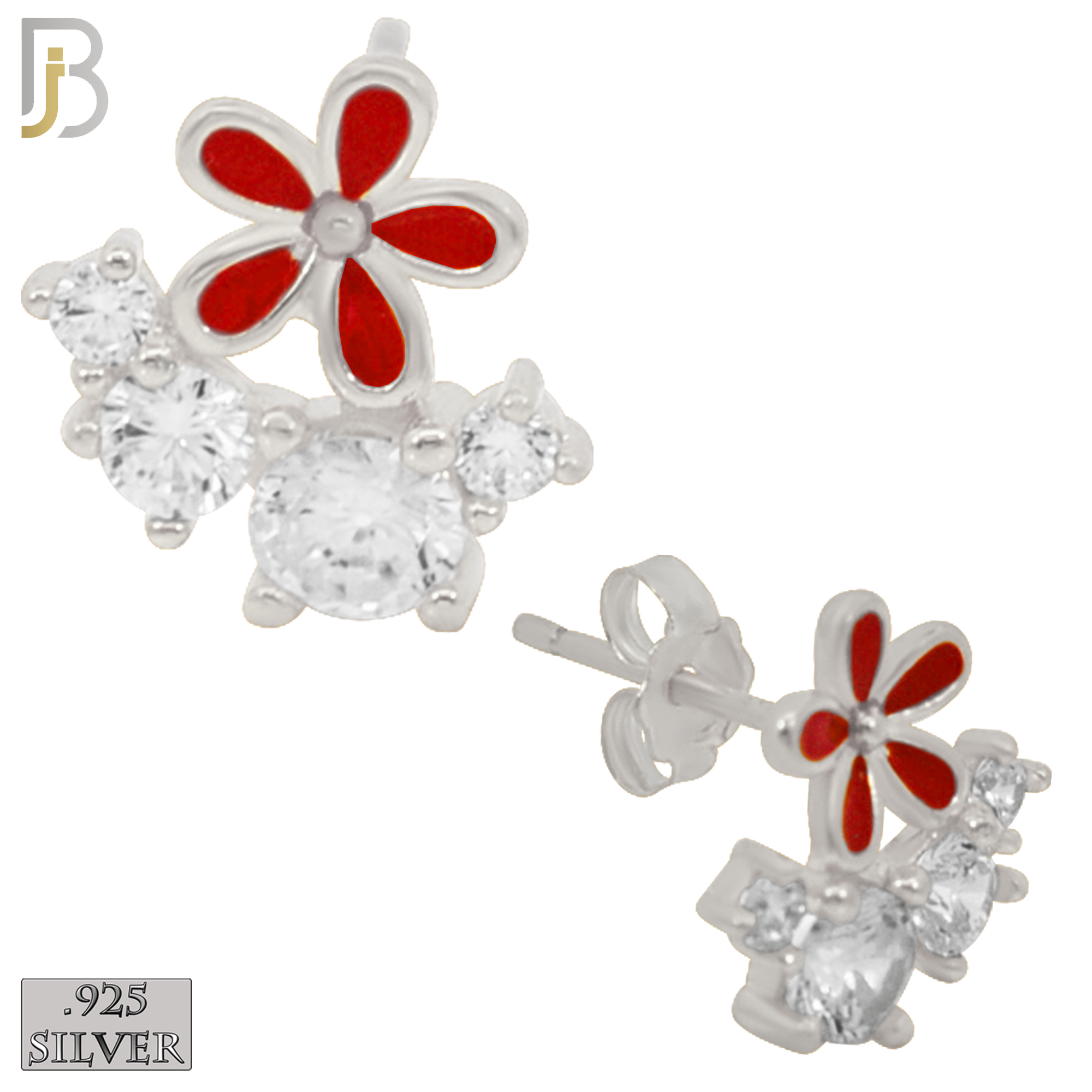 925-ES225 – .925 Sterling Silver Red Flower with Four Zircon Design Earring Stud image 1