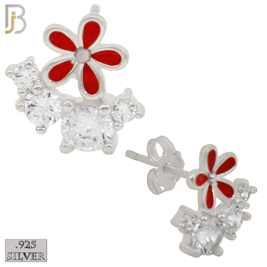 925-ES225 – .925 Sterling Silver Red Flower with Four Zircon Design Earring Stud image 1
