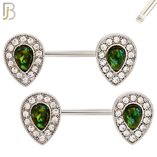 NP09 - 316L Surgical Steel Screw Teardrop Opal with Multi Zircon Nipple Ring Piercing image 2