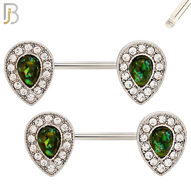 NP09 - 316L Surgical Steel Screw Teardrop Opal with Multi Zircon Nipple Ring Piercing image 2
