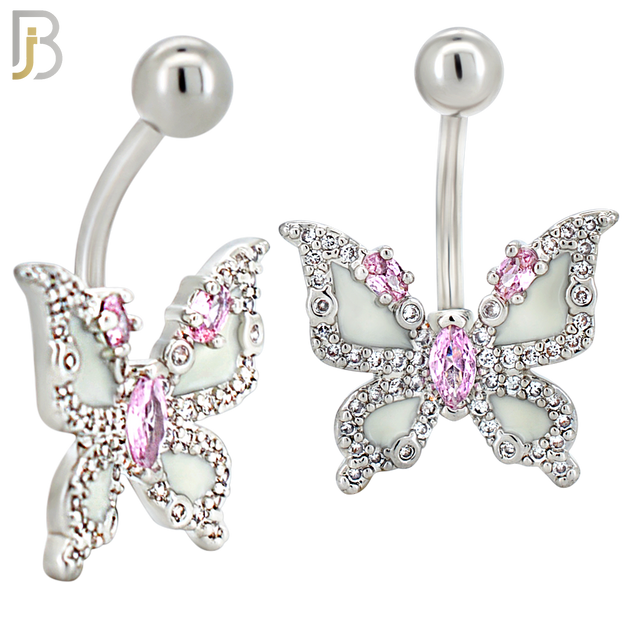 NB126 - 316L Surgical Steel Butterfly with Fuchsia Enamel Wings and Pink Marquise CZ Center image 1