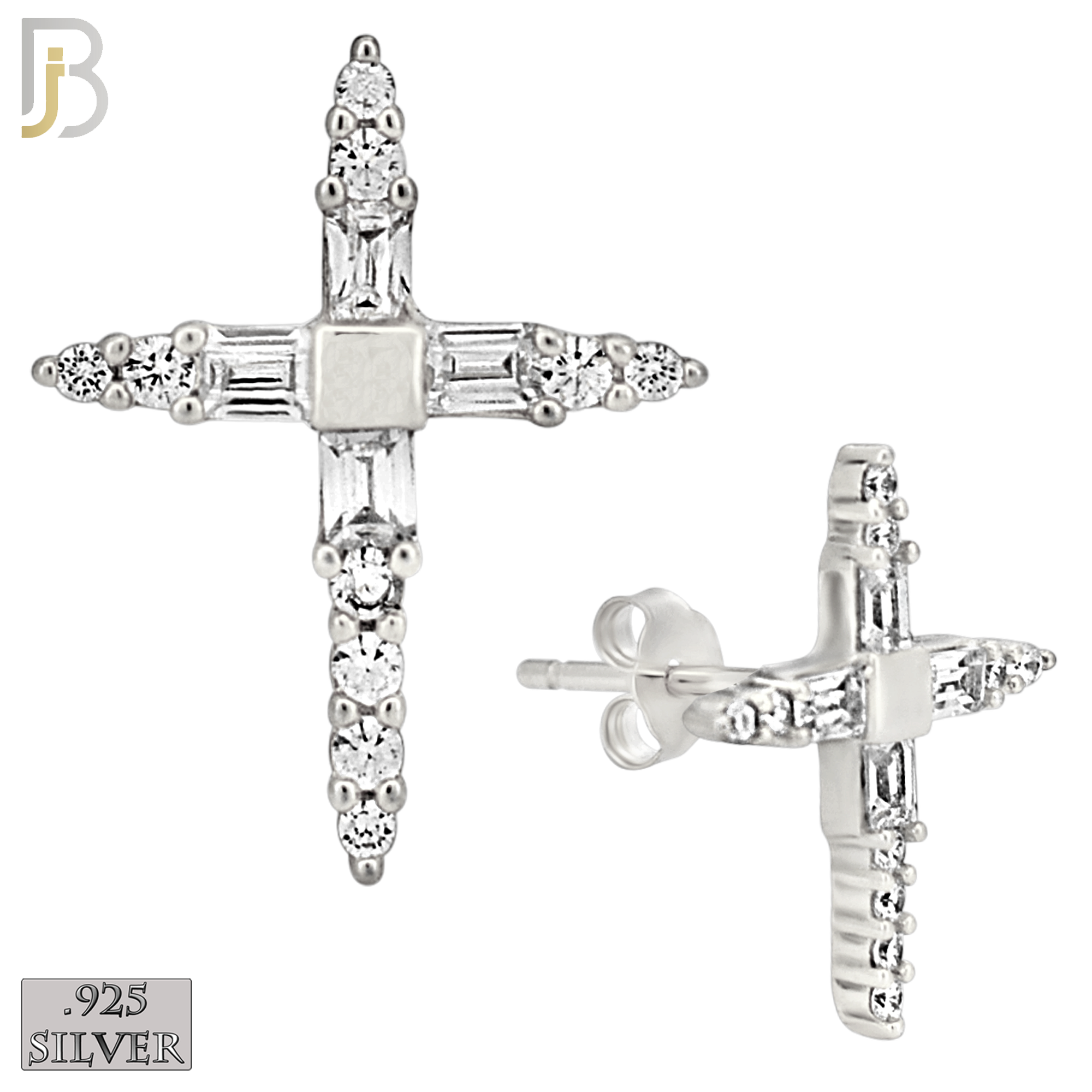 925-ES270 - .925 Sterling Silver Pointed Cross with Zircon Design Earrings Stud image 1