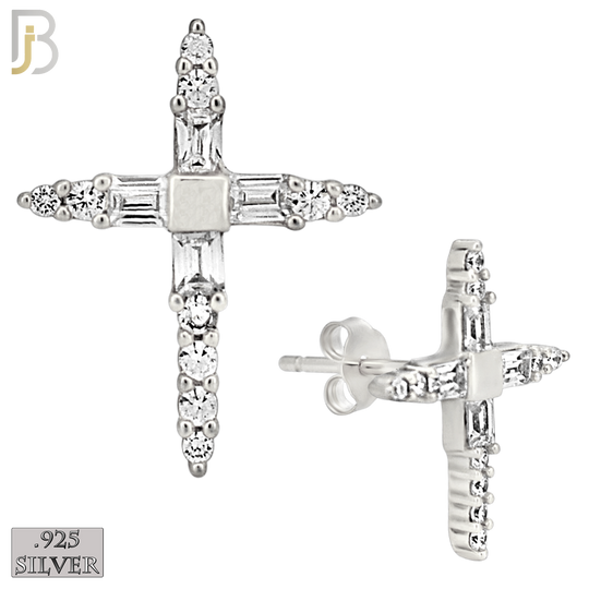 925-ES270 - .925 Sterling Silver Pointed Cross with Zircon Design Earrings Stud image 1